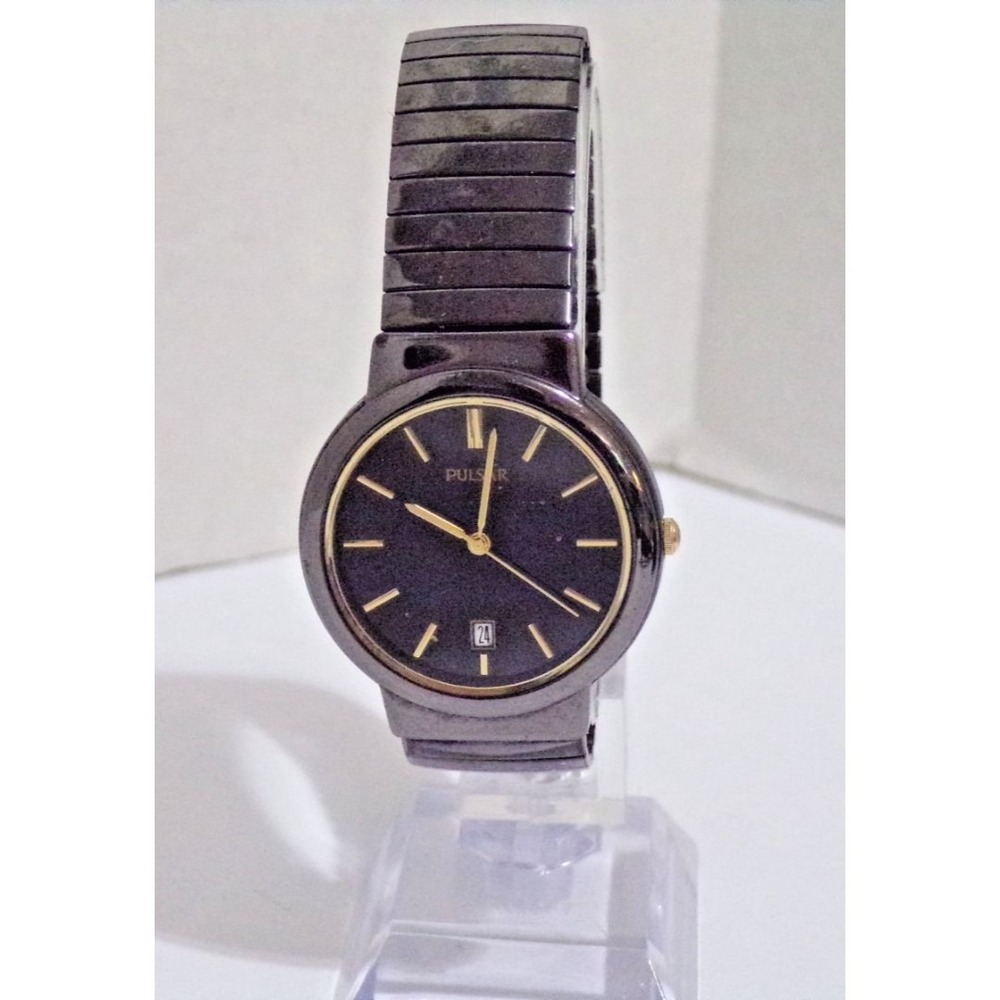 Pulsar‎ VX32-X241 Black Dial Case & 7" Band Gold Markers 34mm Men's Wrist Watch